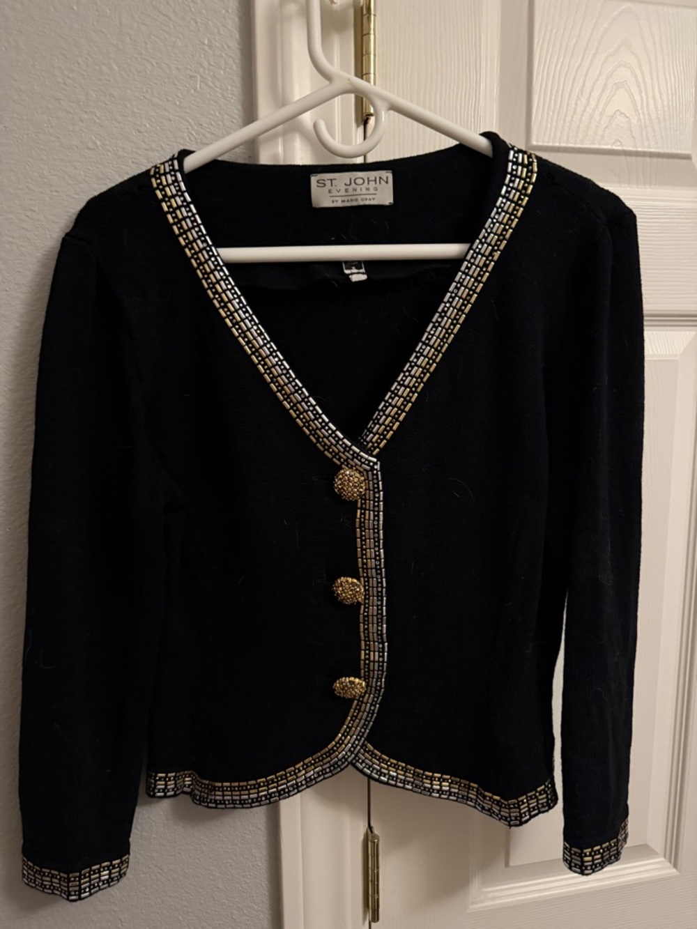 St. John Black V-Neck Knit Jacket with Gold Trim and Buttons